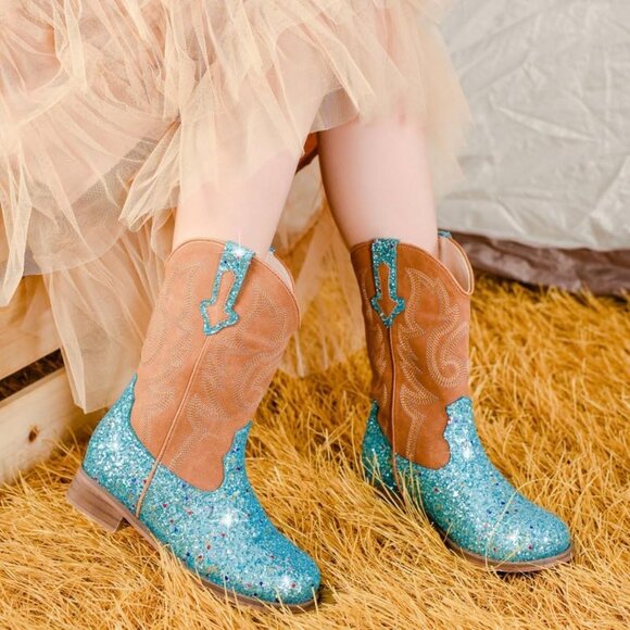 Kids Blue Sequins Boots Glitter Toddler Little Big Mid Western Riding Shoes - Picture 3 of 7